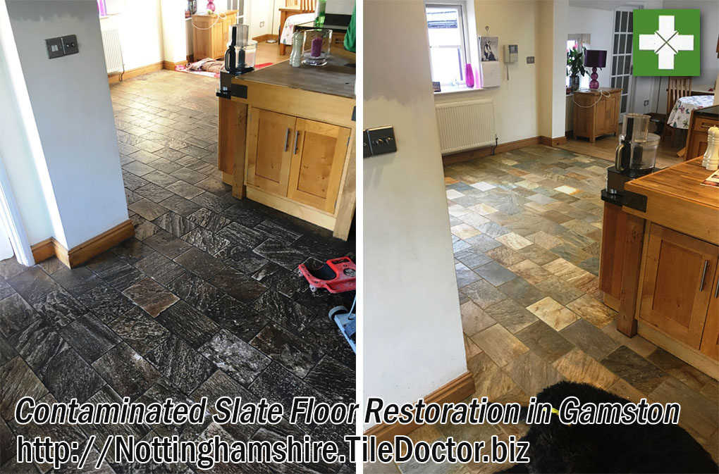 Contaminated Slate Floor Before and After Restoration Gamston