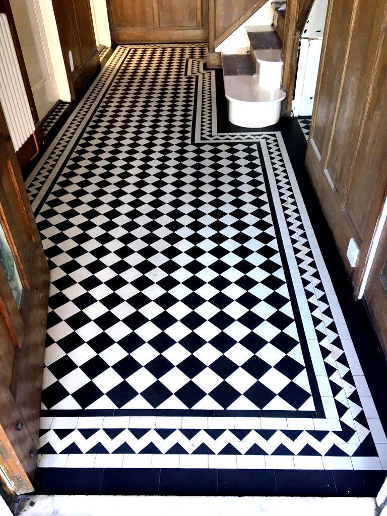 Edwardian Black and White Geometric Hall Floor After Restorative Clean and Seal