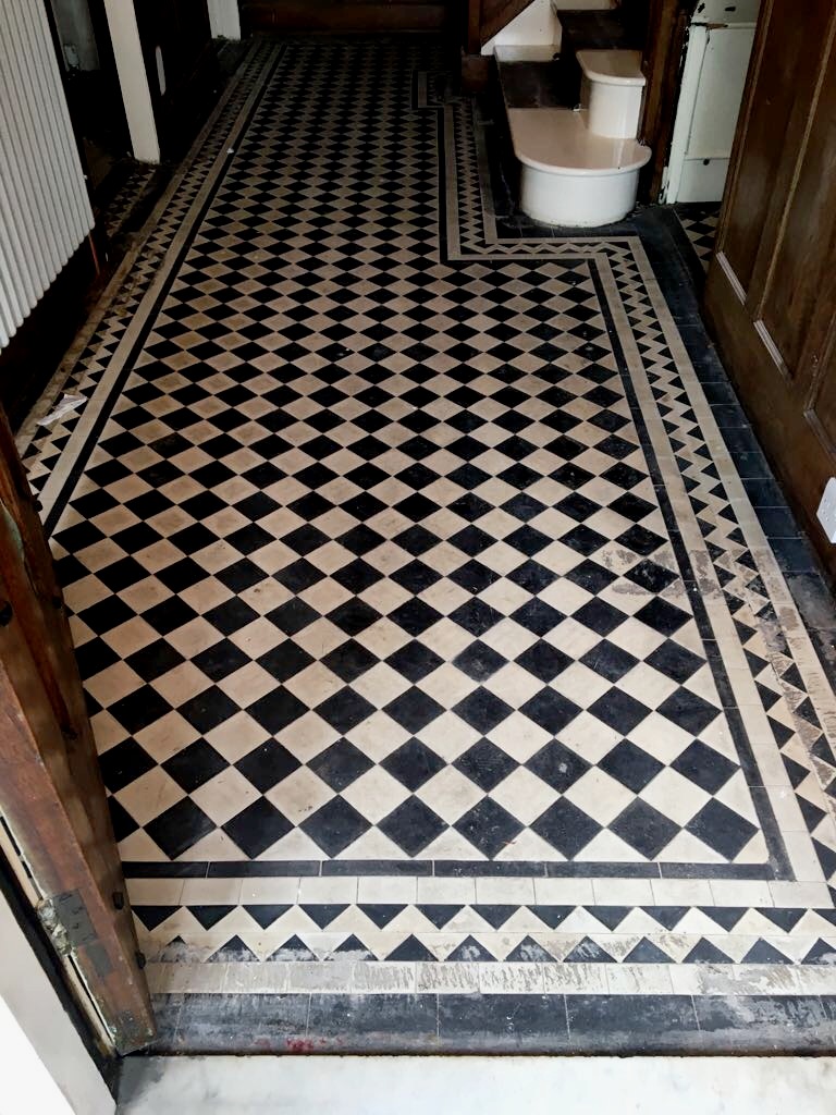 Edwardian Black and White Geometric Hall Floor Before Restorative Clean and Seal