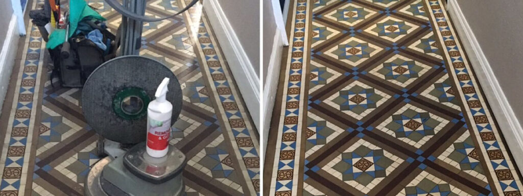 Edwardian Geometric Tiled Hallway Floor Newark Before and After Cleaning